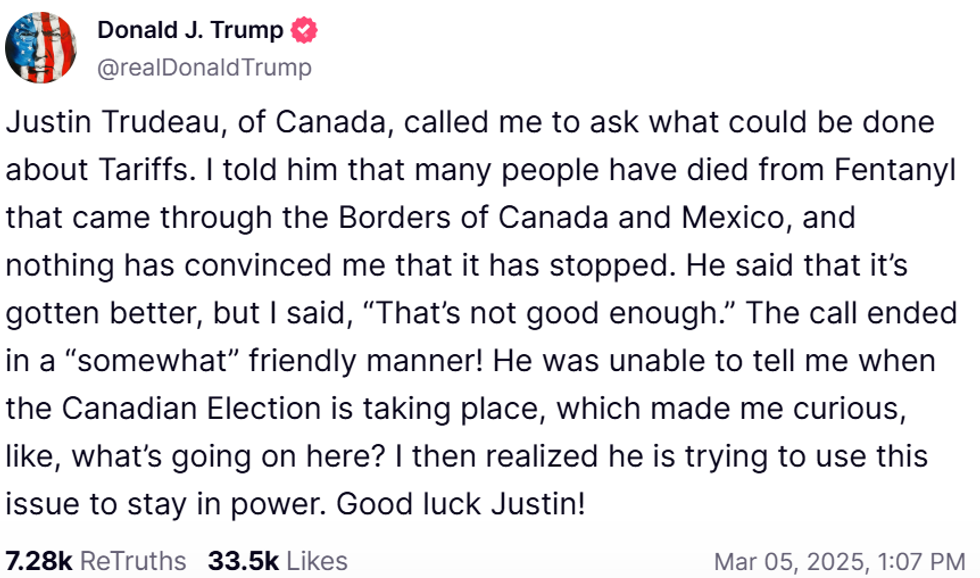 A Truth Social post from Donald Trump.