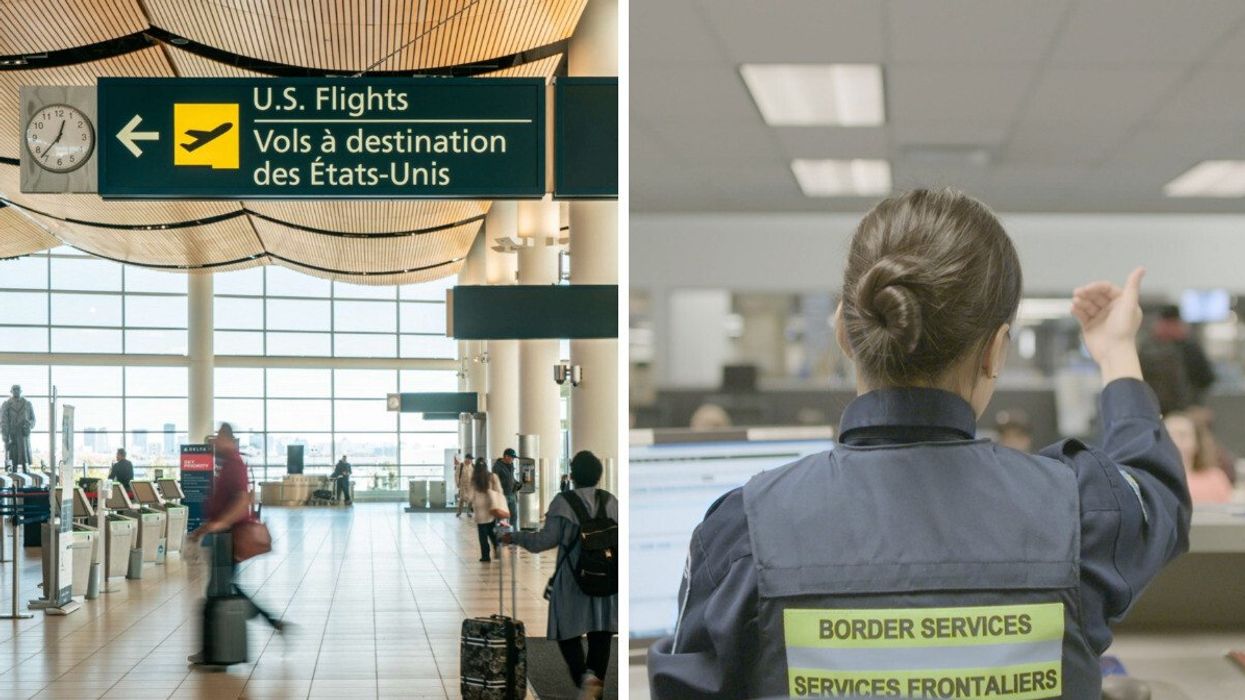 A "U.S. flights" sign at Winnipeg Airport. Right: A Canadian border services agent.
