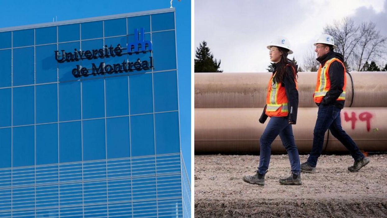 A Université de Montréal building. Right: Pomerleau employees wearing hardhats walk past large pipes.