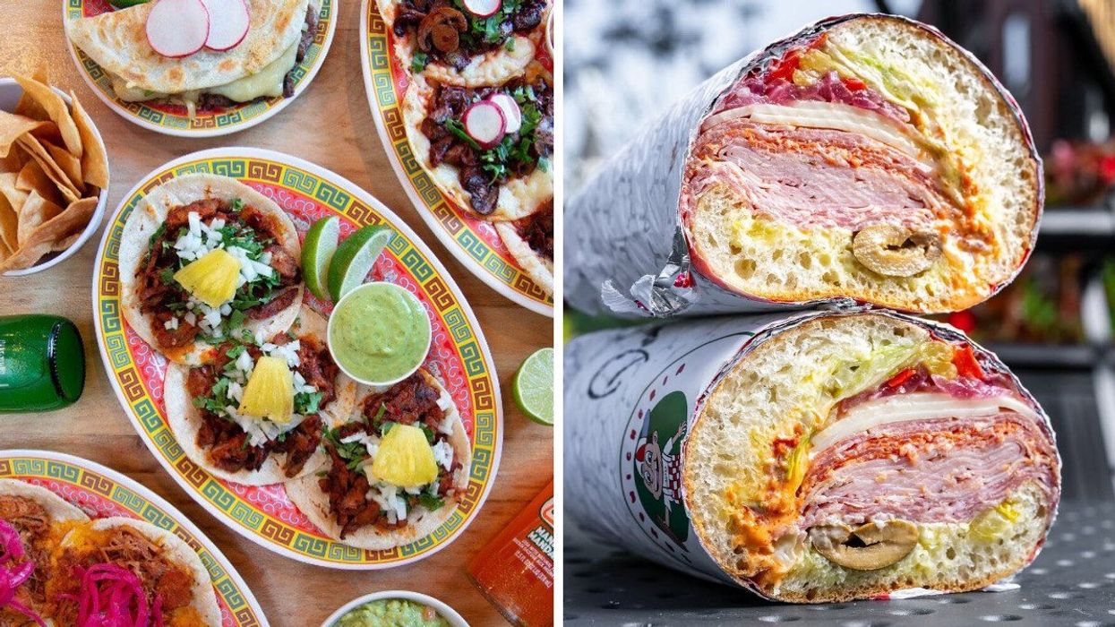 A variety of dishes from La Capital Tacos. Right: A sandwich from Bossa.
