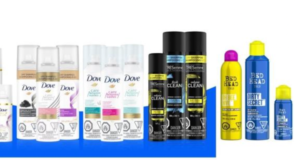A variety of dry shampoo products.