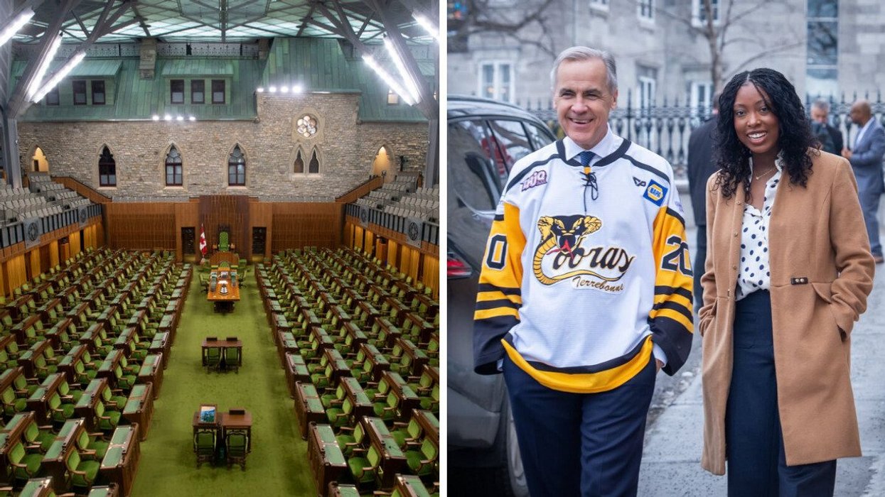 A vast green-carpeted chamber. Right: Mark Carney and Tatiana Auguste on a sidewalk in Terrebonne.