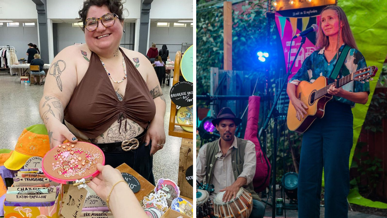A vendor sells embroidery at a Montreal craft market. Right: A guitar player and drummer perform at night.