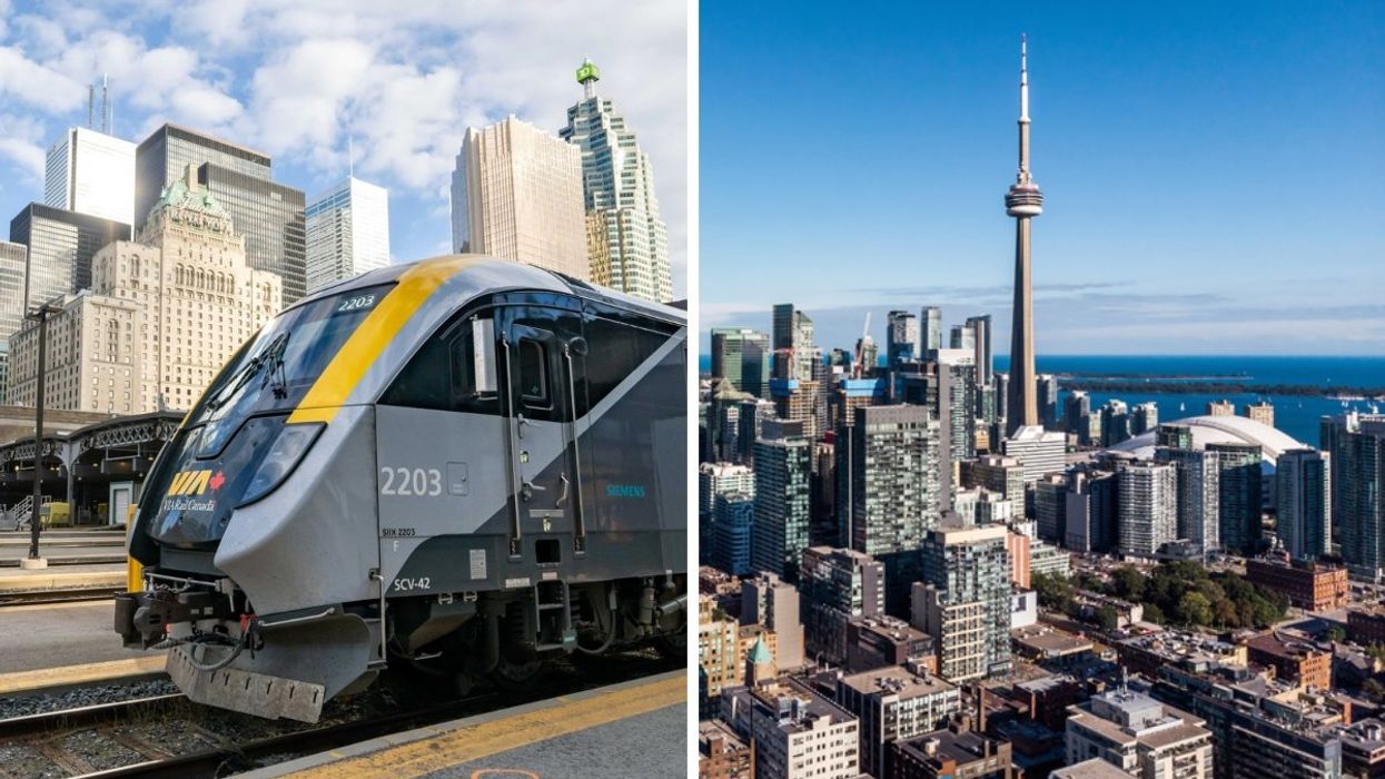 A VIA Rail Canada train waiting at Toronto Union Station with buildings in the background. Right: The Toronto skyline during the summertime with the CN Tower and Rogers Arena in view.