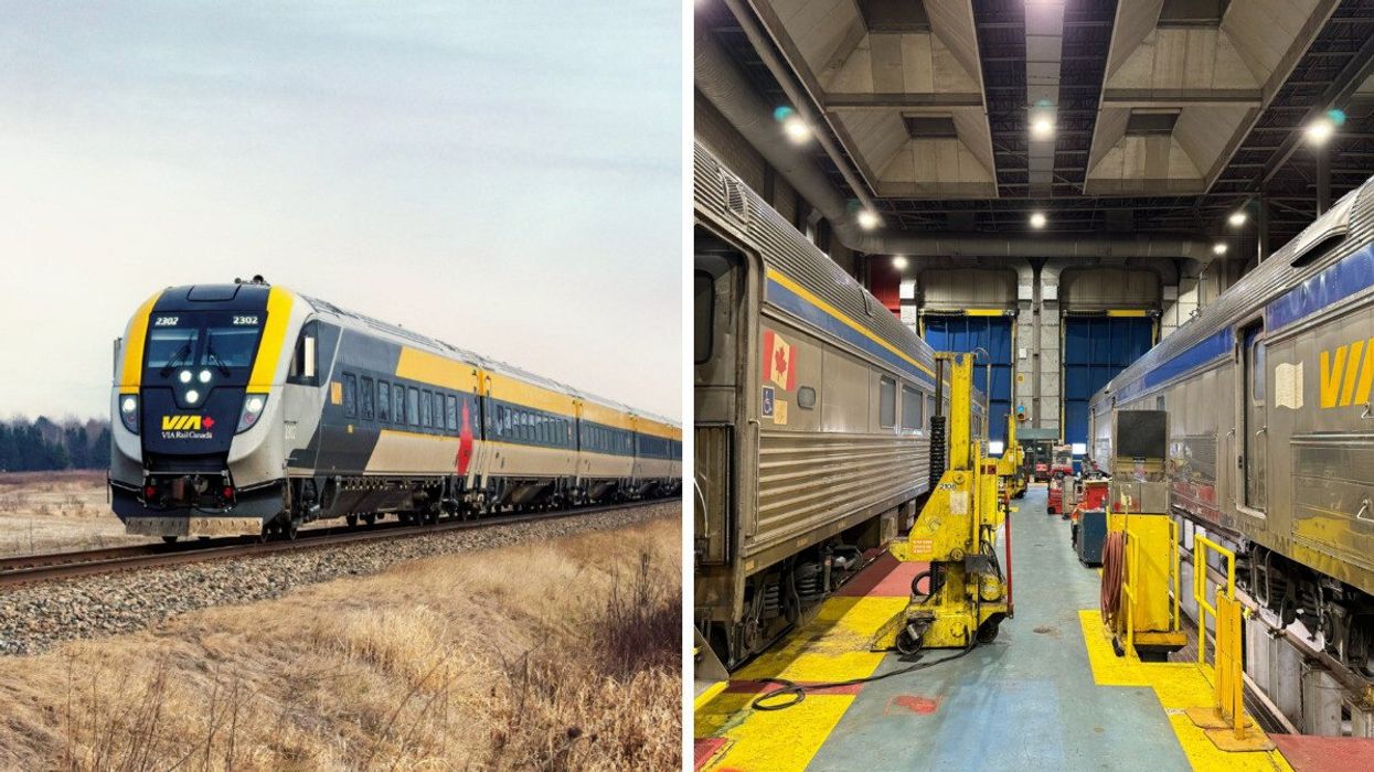 A VIA Rail train, featuring a modern yellow and grey design, travels through an open field under a pale sky. Right: A view inside a VIA Rail maintenance facility with two train cars being serviced, surrounded by tools and equipment.