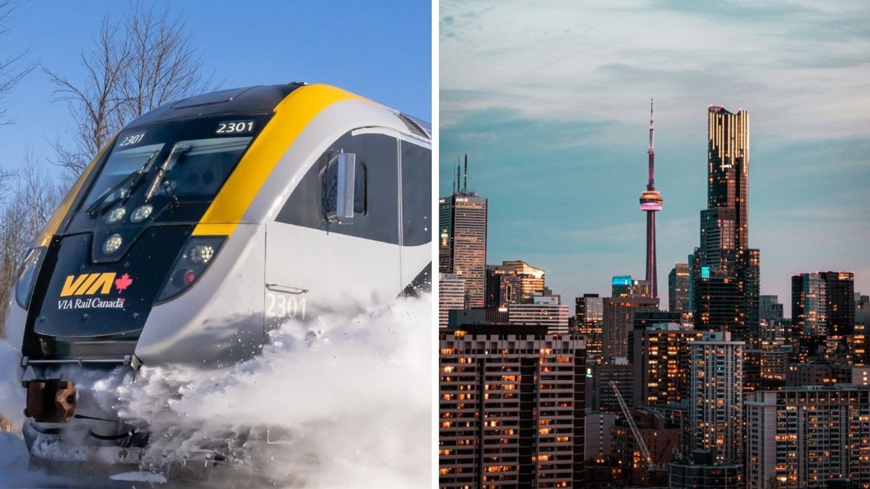 A VIA Rail train moving through snow. Right: The Toronto skyline at sunset.