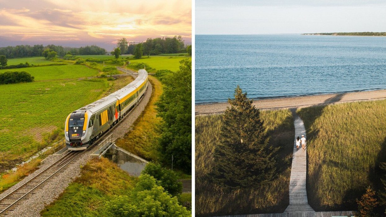 A VIA Rail train. Right: A beach in a small city in Canada.