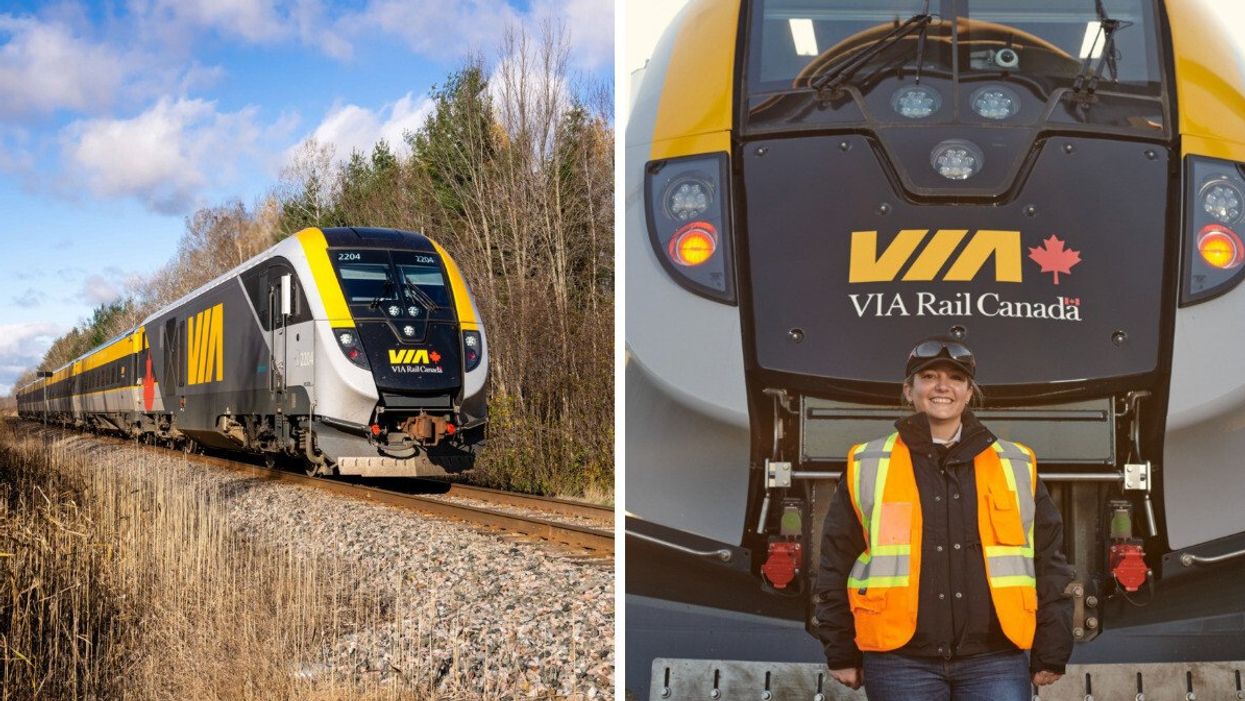 A Via Rail train travelling along the tracks with a woodland in the background. Right: A VIA Rail employee smiles, standing in front of a VIA Rail train.