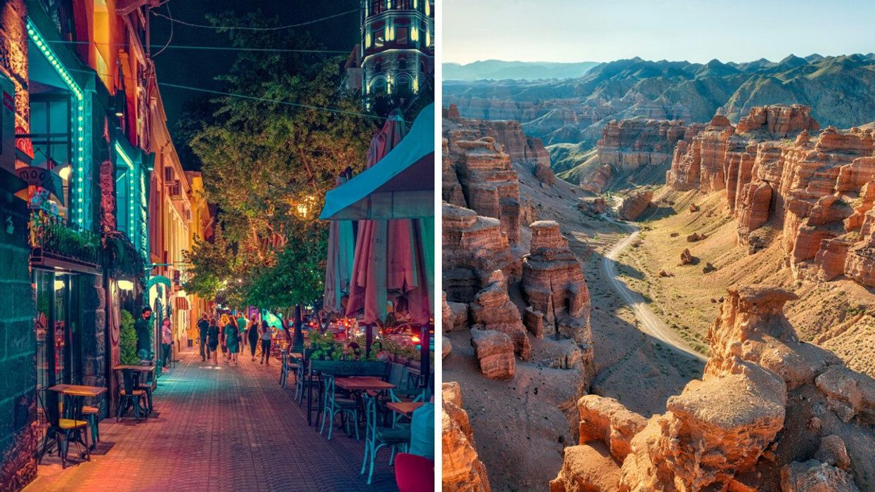 A vibrant, neon-lit street in Tbilisi, Georgia, with outdoor cafes and people walking at night. Right: The Charyn Canyon in Kazakhstan with rugged rock formations and a winding dirt road.