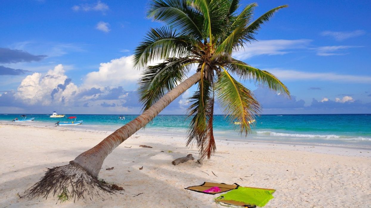 A view of a beach resort in Mexico with crystal clear waters, palm trees and white sand.
