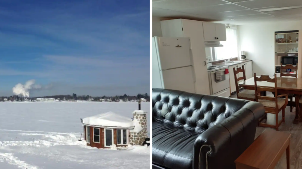 A view of a frozen lake and lakeside chalet from an Airbnb in Shawinigan, Quebec. Right: The interior of an Airbnb in Shawinigan, Quebec.