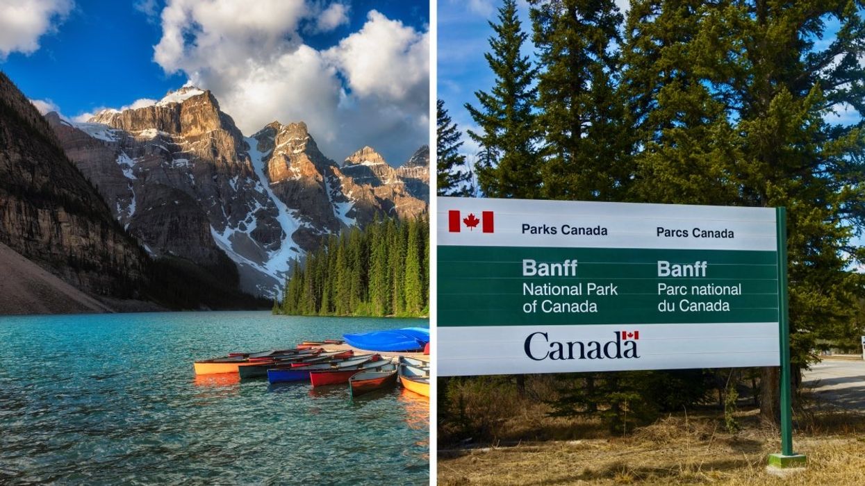 A view of canoes on Moraine Lake in Alberta with snowy mountain tops in the background, Right: A Park Canada sign at Banff National Park of Canada.