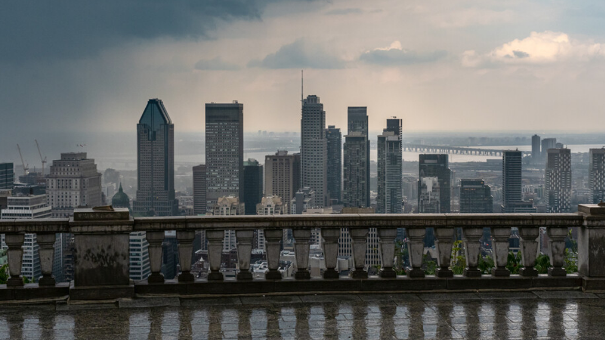 A view of Montreal during a storm as seen from the Mount Royal lookout point.