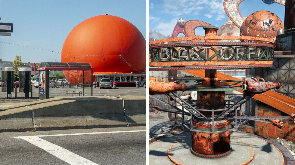 A view of Montreal's giant orange from the highway. Right: A Nuka-Orange theme park ride from Fallout 4.