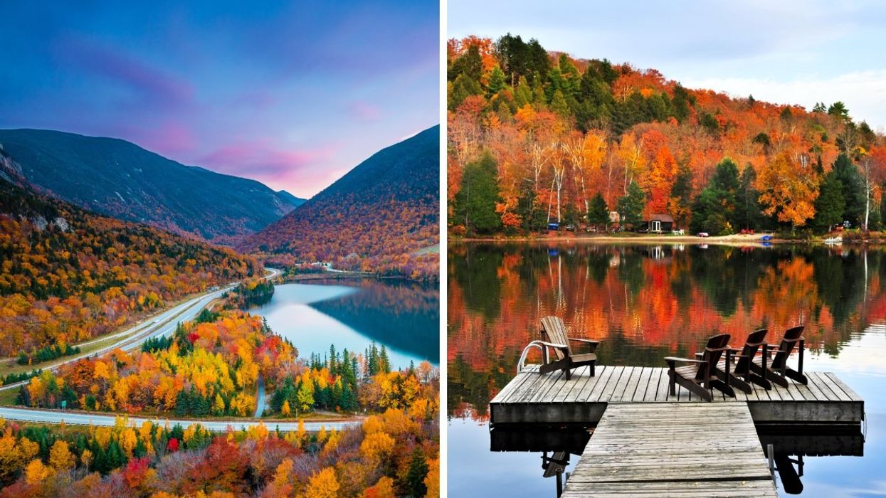 A view of mountains and a lake during the autumn season in Muskoka. Right: A dock with chairs on a lake overlooking the mountains of Muskoka during the fall.