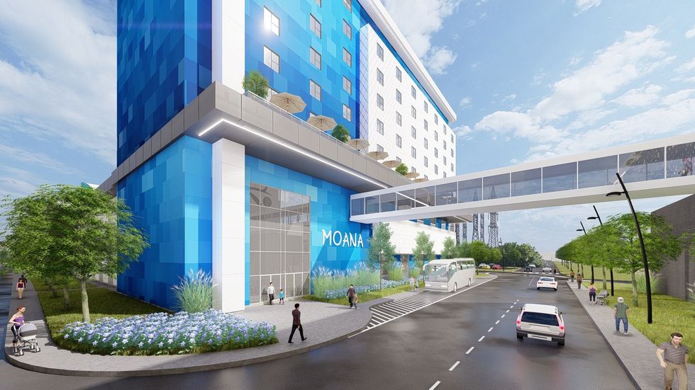 A view of one of the proposed hotel buildings, including the aerial walkway over the street.