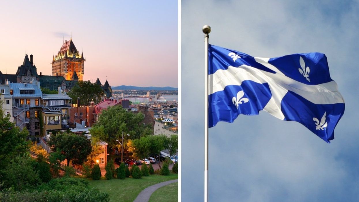 A view of Quebec City and the Fairmont Chateau Frontenac during a summer sunset. Right: A Quebec flag flying. 