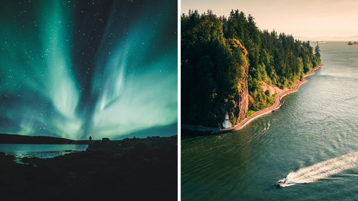 A view of the Aurora Borealis from Churchill, Manitoba. Right: A view of Vancouver's Seawall.