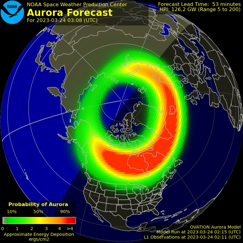 A view of the aurora probability across Canada at 11 p.m. EDT on March 23.
