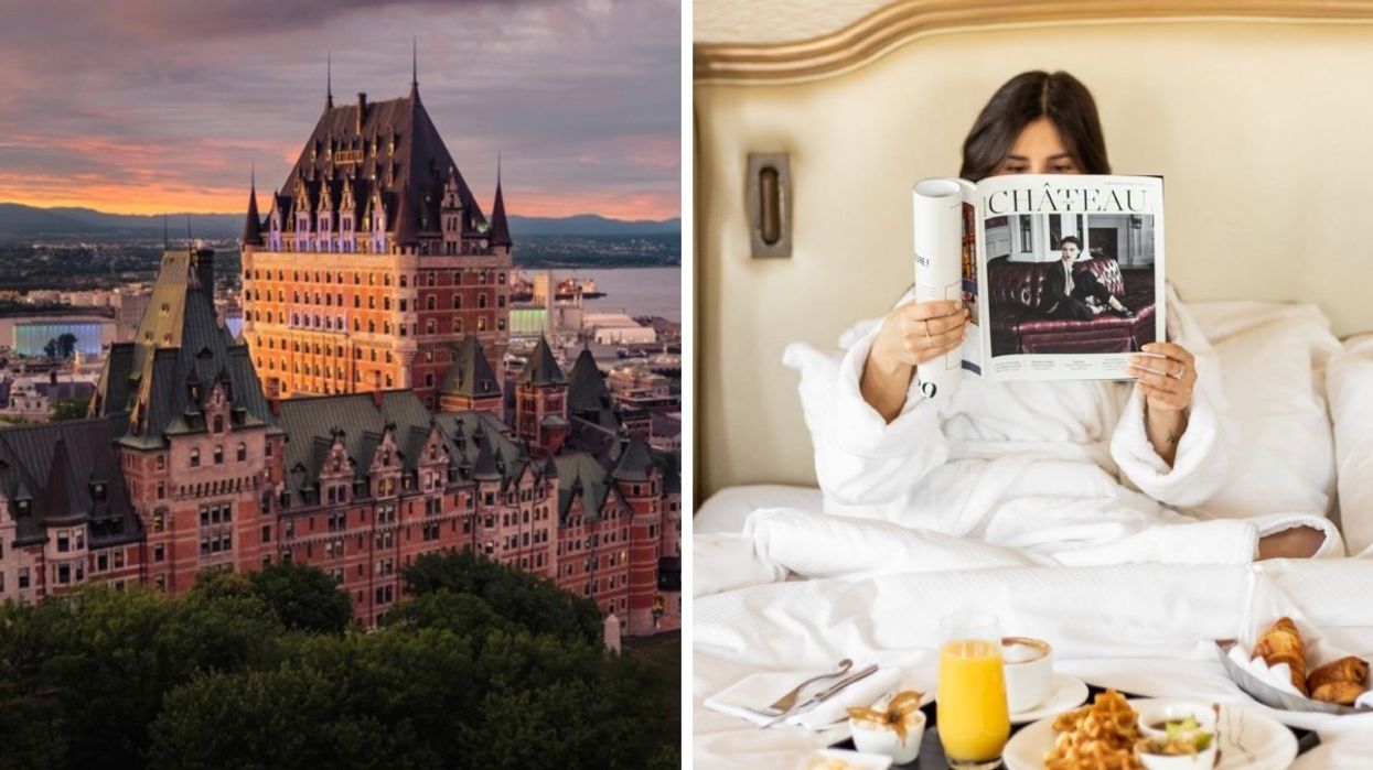 A view of the Fairmont Chateau Frontenac in Quebec City. Right: A person reading a magazine in a hotel bed.