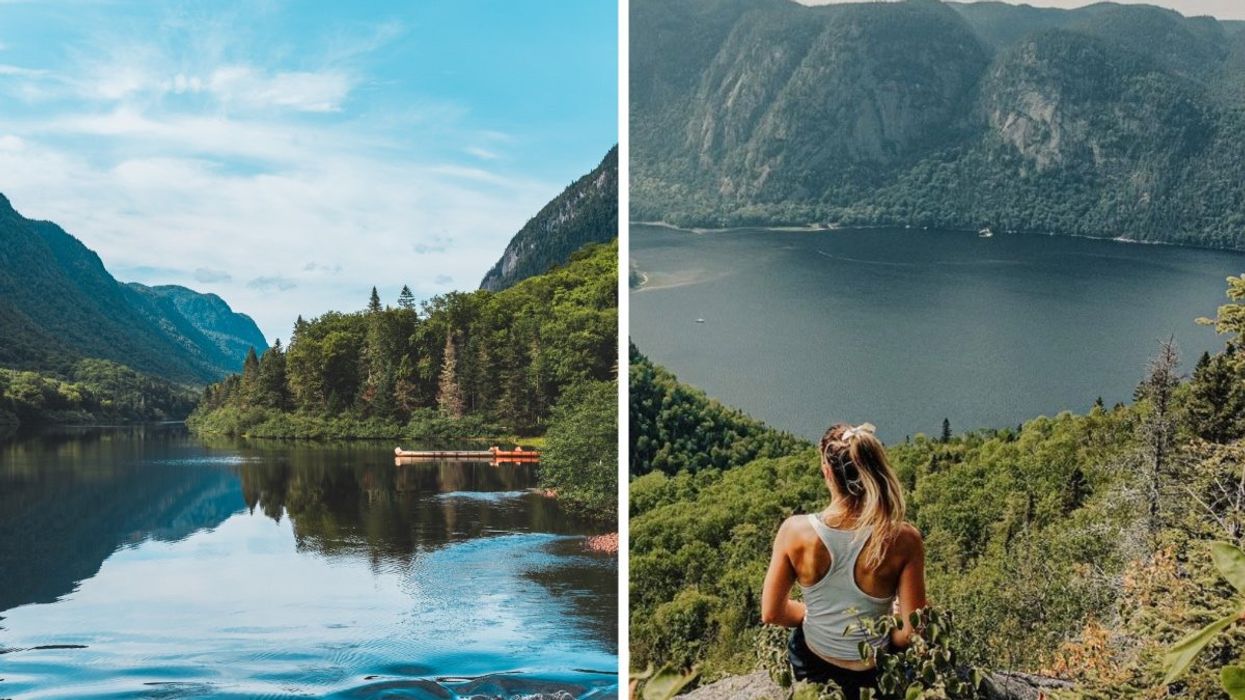 A view of the lake and mountains at Parc National de Jacques-Cartier, Right: A person standing atop a mountain overlooking the lake at Parc National du Fjord-du-Saguenay.