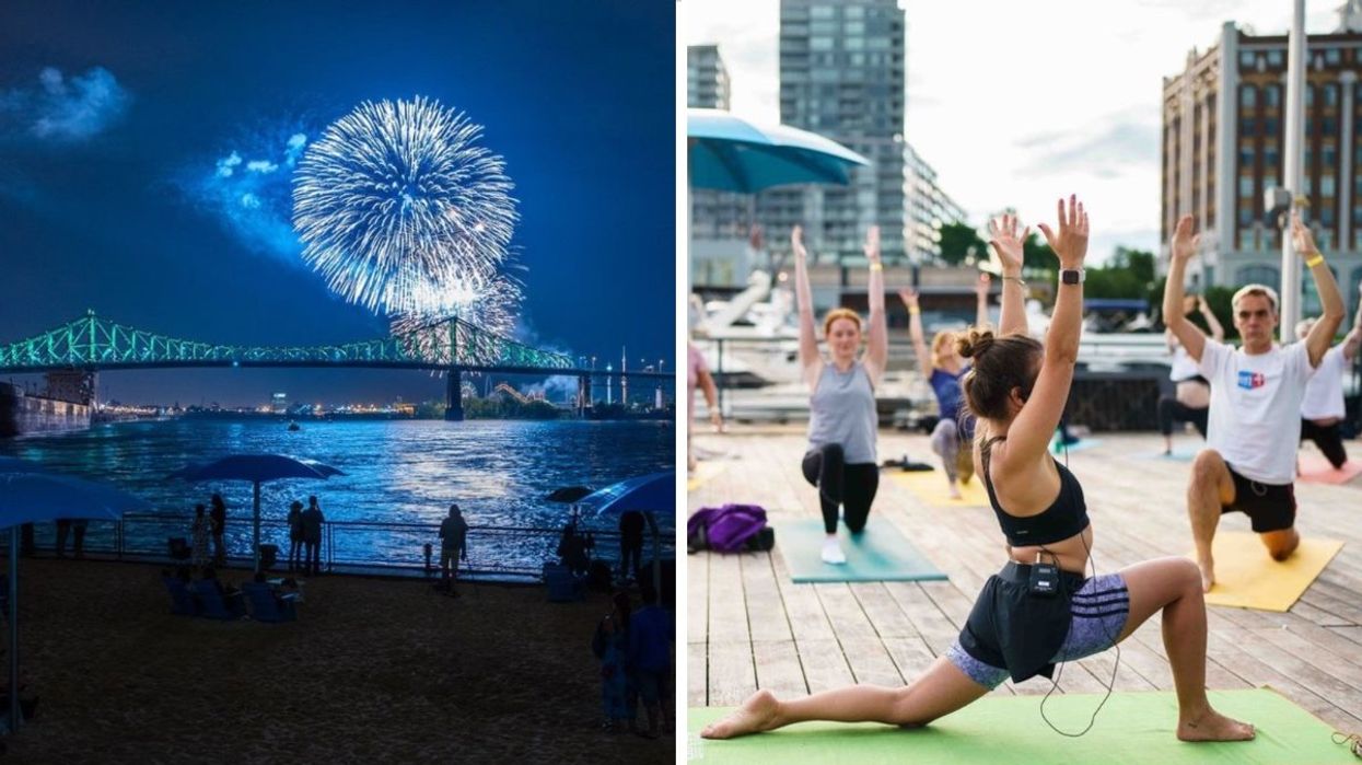 A view of the Montreal fireworks from the Old Port. Right: People doing yoga at the Clock Tower Beach in Montreal's Old Port.