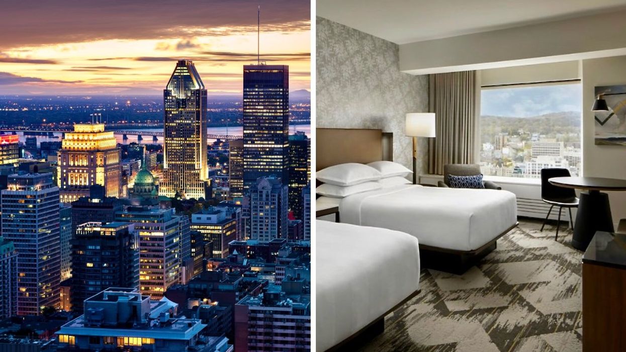 A view of the Montreal skyline from Le Centre Sheraton Montreal. Right: The interior of a hotel room at Le Centre Sheraton Montreal.