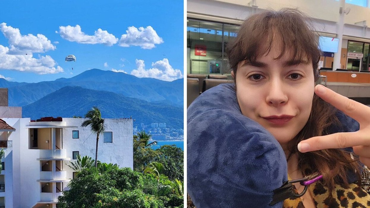A view. Right: A selfie of someone travelling.