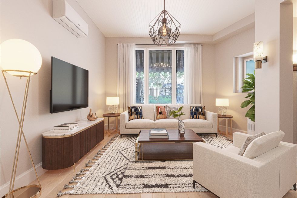A virtually staged photograph of what the living room could look like if renovated.