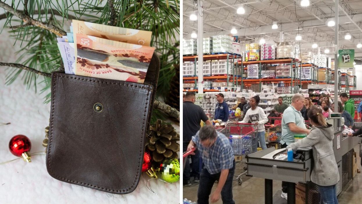A wallet with Canadian bills next to Christmas decorations. Right: Shoppers checking out at Costco in Montreal.