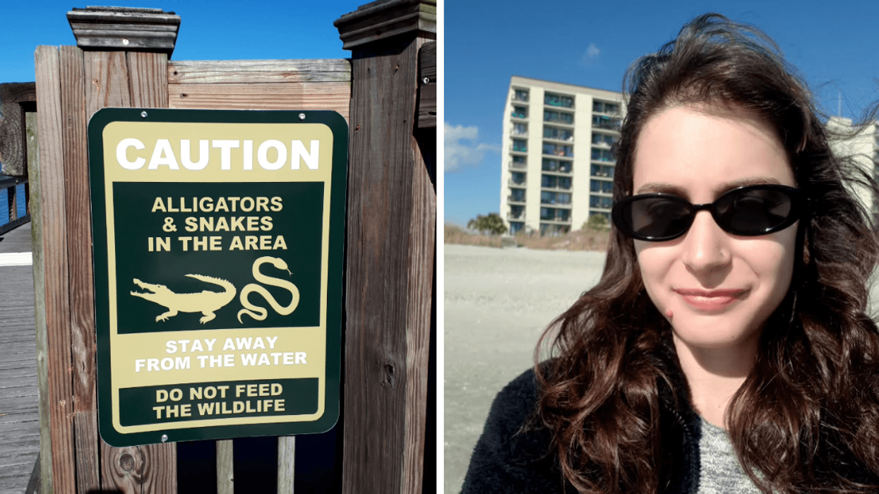 a warning sign. Right: A selfie of a person.