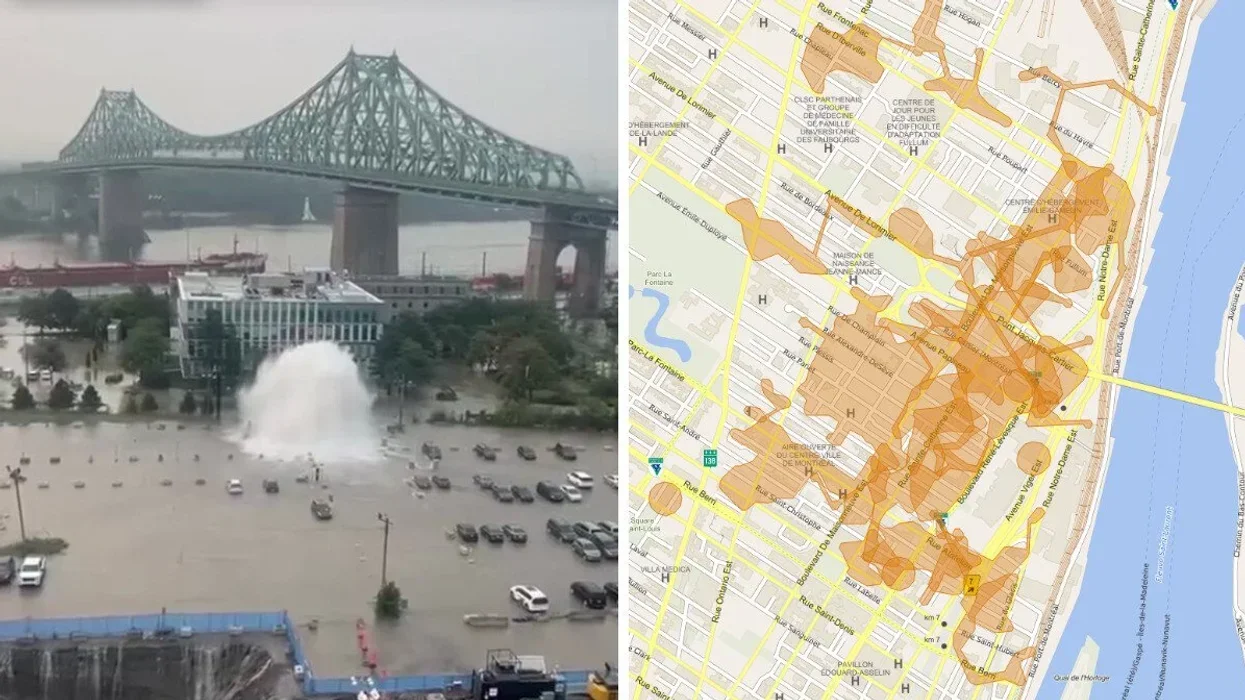 A water leak in Montreal. Right: Hydro map showing Montrealers without power.