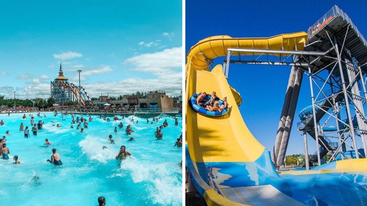 A wave pool at a waterpark in Canada. Right: A waterslide at a waterpark in Canada.