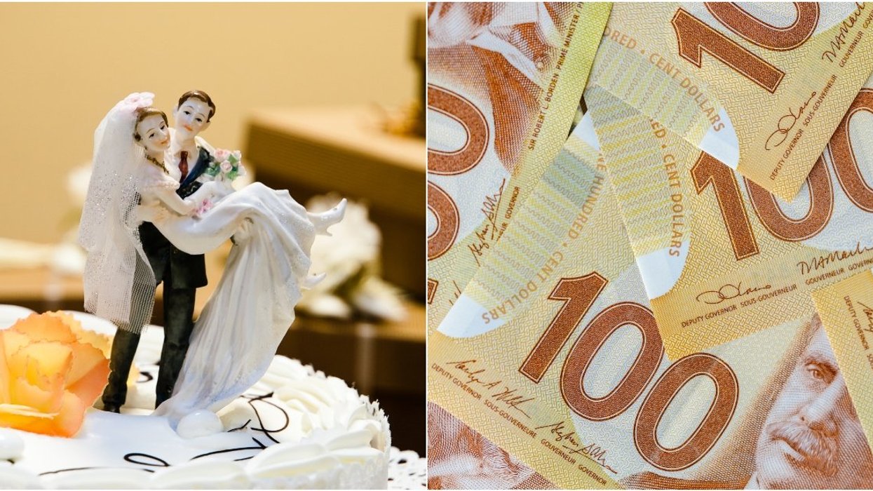 A wedding cake. Right: Canadian money.