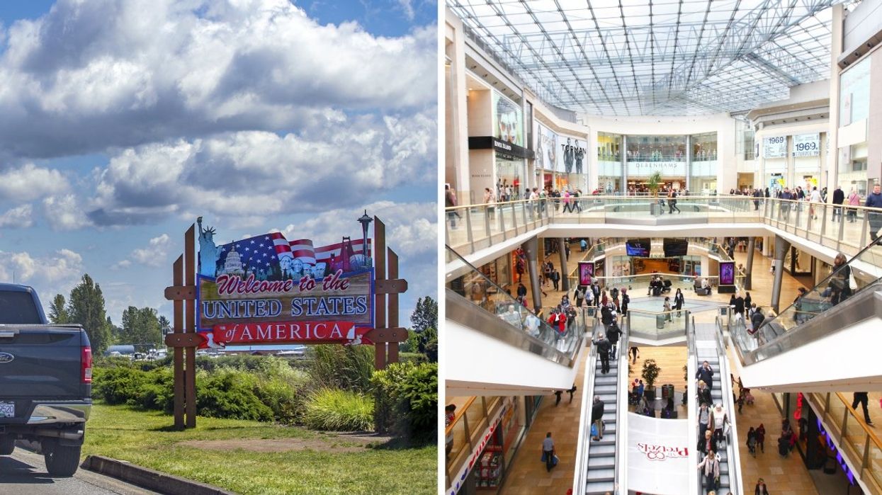 A Welcome To The United States border sign, Right: The interior of a shopping mall in the United States.