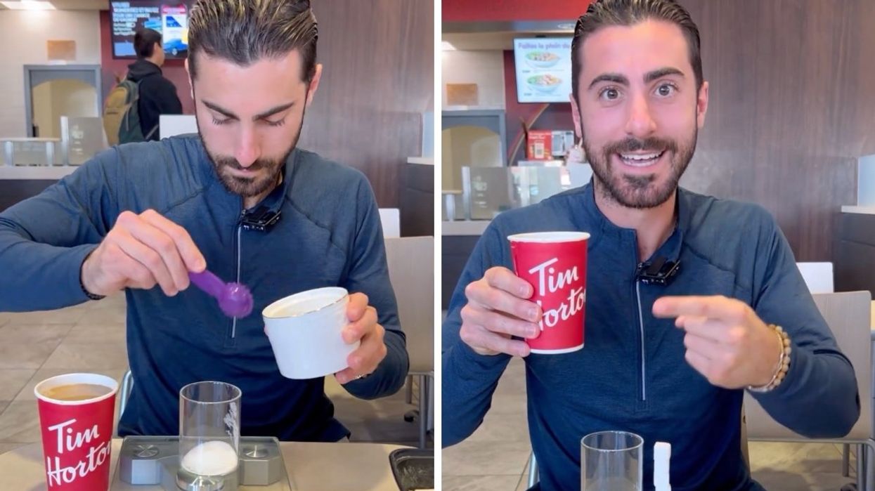 A wellness content creator from Laval, Quebec measuring how much sugar is inside a Tim Hortons Double Double.