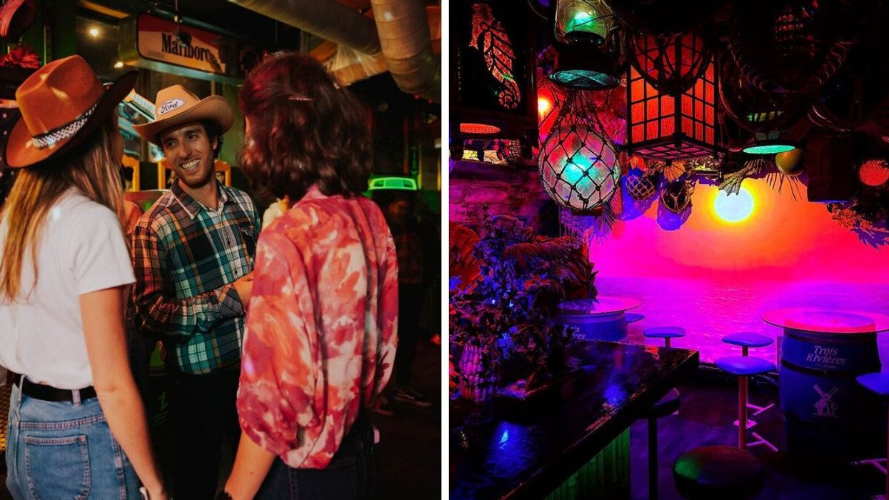 A Western-themed bar in Montreal. Right: Interior of Snowbird Tiki Bar in Montreal.