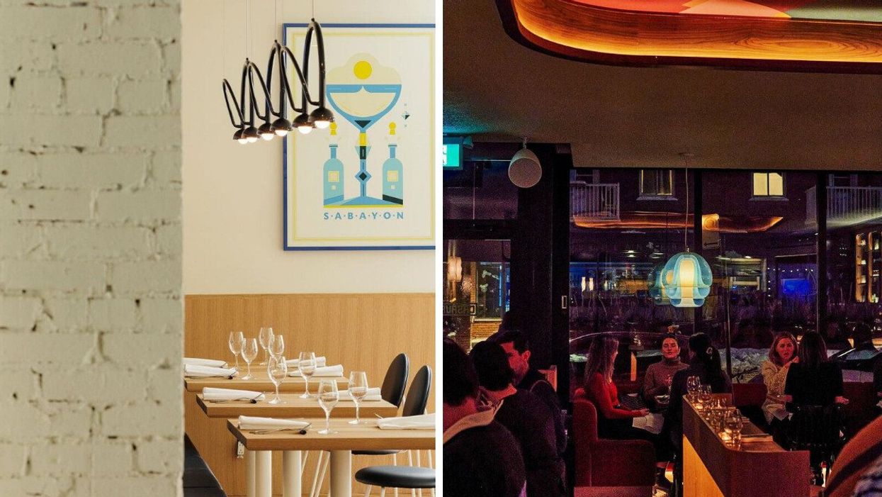 A white brick wall beside modern restaurant tables at Sabayon. Right: Diners at Casavant under the glow of a 1960s Italian glass lamp.