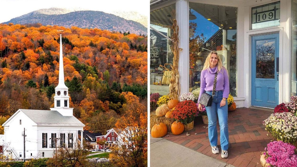 A white church in a small town near Montreal. Right: A person walks in a small town.