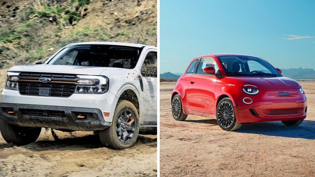 A white Ford Maverick pickup truck spins in mud Right: A red Fiat 500e parked in the desert.