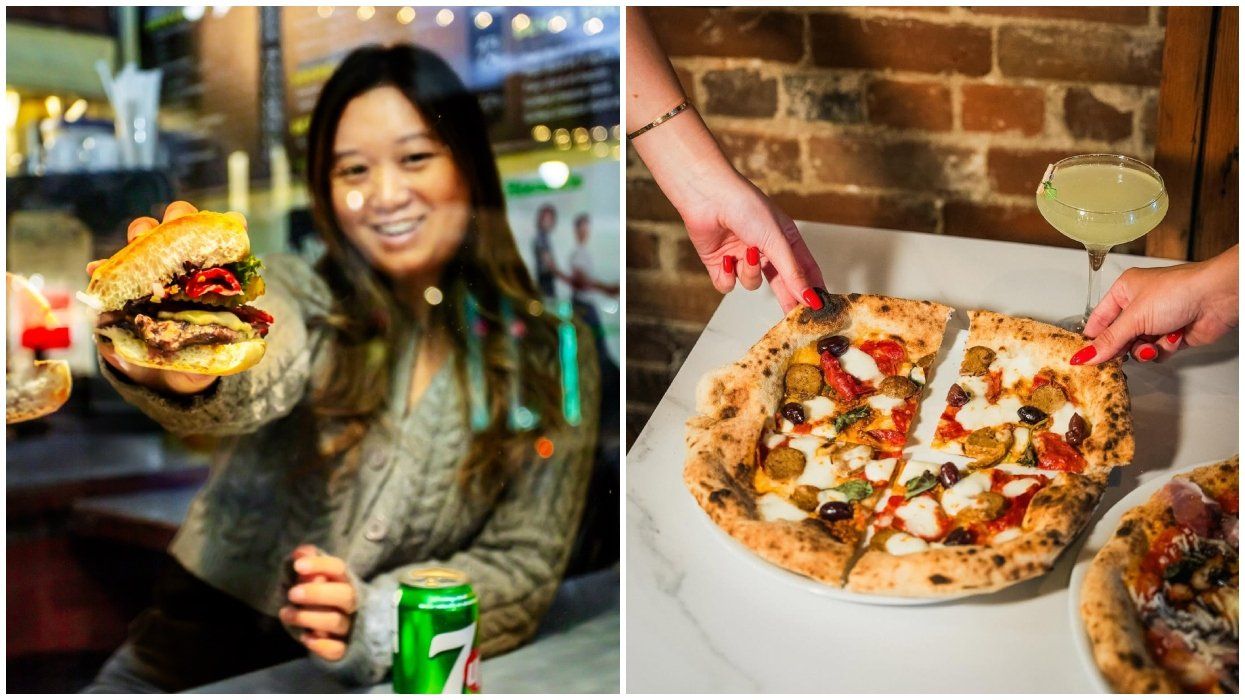A woman eating a sandwich in a restaurant window. Right: Two people share a pizza.