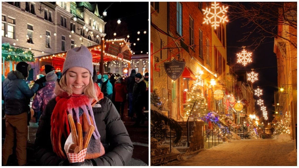 A woman eats churros in Quebec City at a Christmas market. Right: Quebec City street during the holidays.
