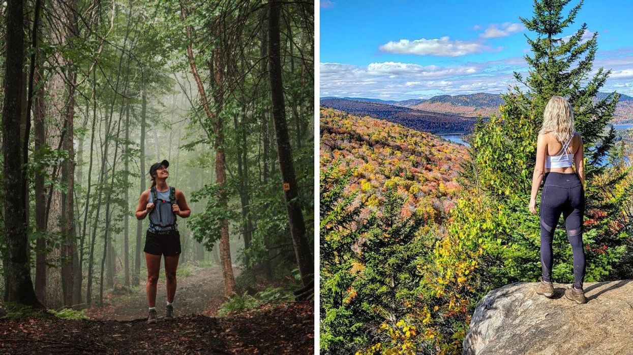 A woman hikes beneath trees. Right: Atop a rock, a woman overlooks foliage and mountains.