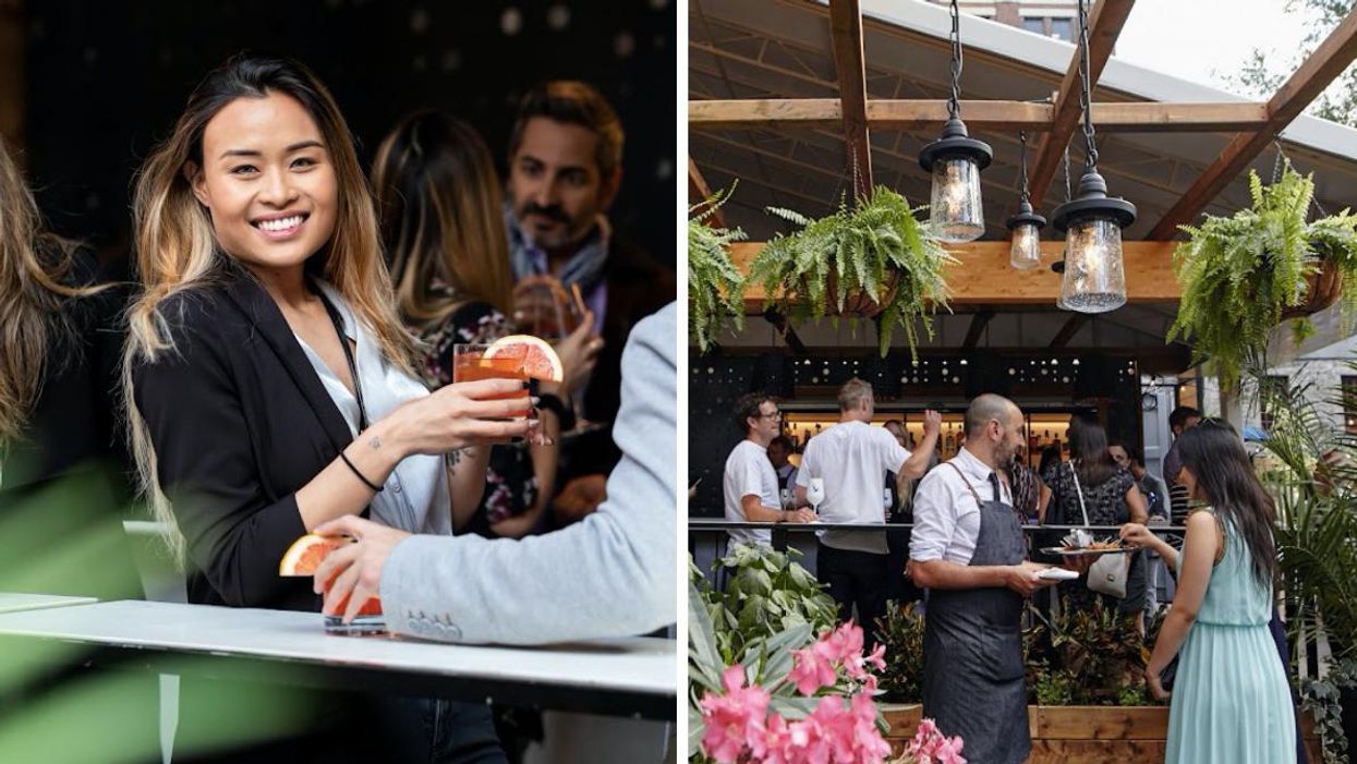 A woman holding a drink while looking at the camera. Right: People on Vieux-Port Steakhouse's garden terrasse in Montreal