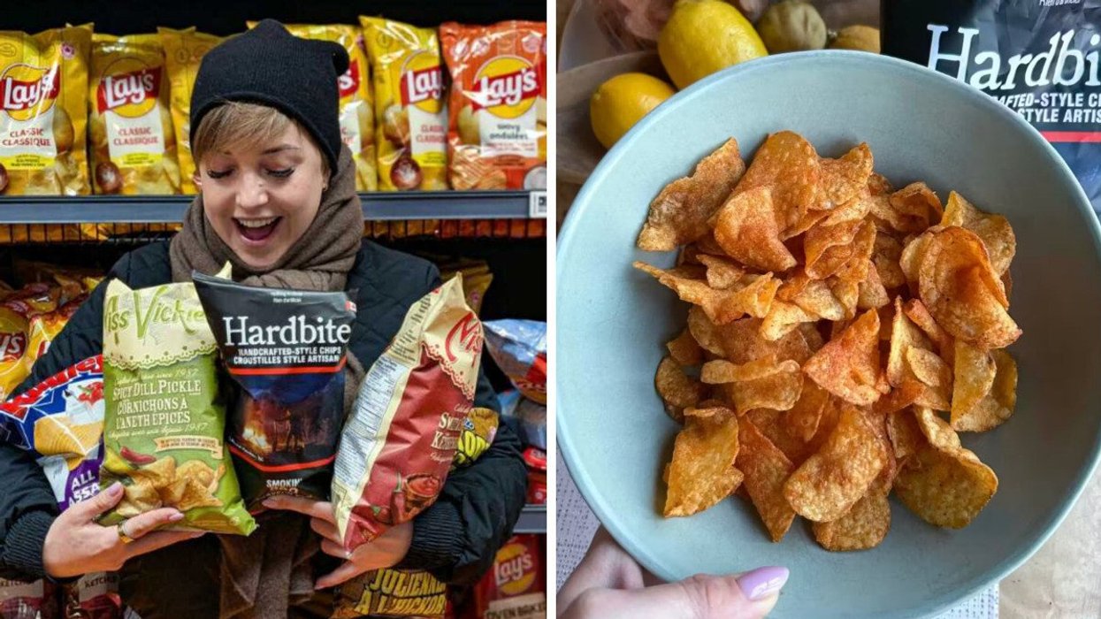 A woman holding multiple bags of Canadian chips in a grocery store aisle. Right: A bowl of Hardbite BBQ chips.