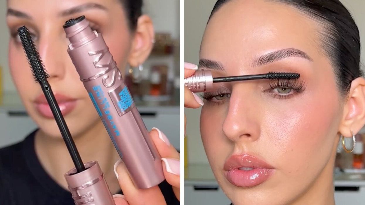 A woman holds up the mascara to the camera. Right: A woman uses the mascara to lengthen her eyelashes.