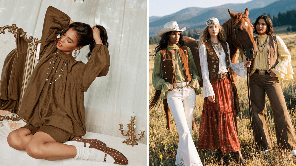 A woman in a brown dress pulls her hair into a ponytail. Right: Three women in folkwear pose with a horse in a prairie.