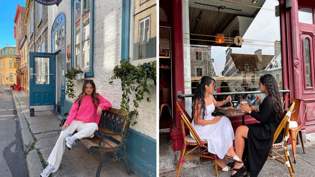 A woman in a pink sweater sits on a bench outside a stone building with a blue door on a quaint street. Right: Two women share a meal at an outdoor café with a red door and large windows reflecting historic buildings.