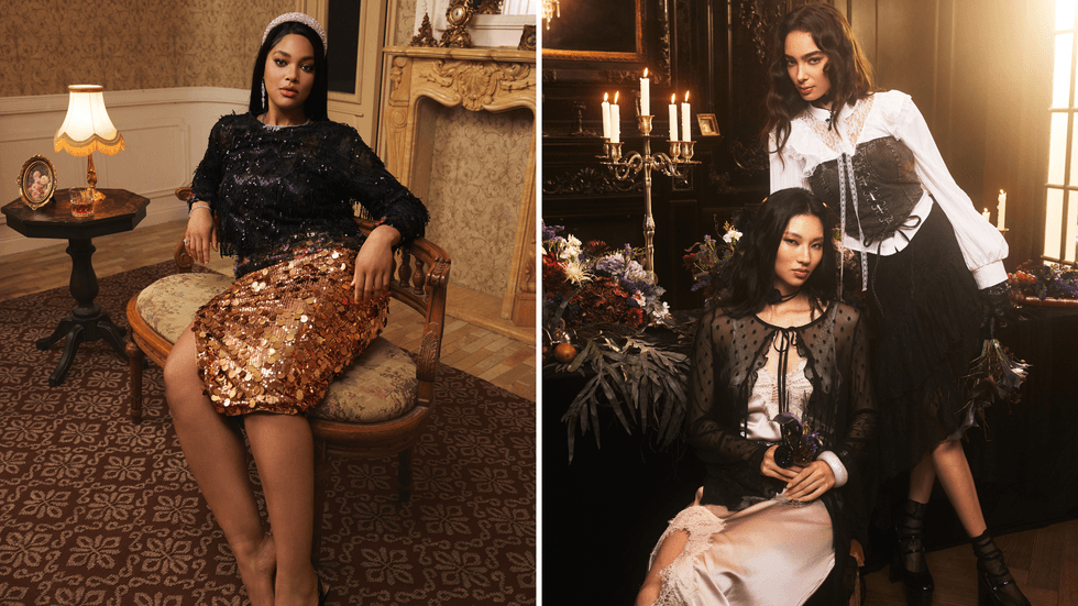 A woman in a sequin skirt reclines in an historical room. Right: Two models wearing lace, corsets and satin pose with candles.