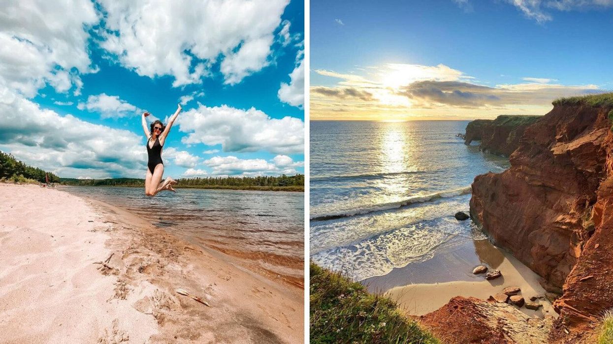 A woman jumps in the air along the shores of a beach. Right: A sun sets over water, red cliffs, and sand.